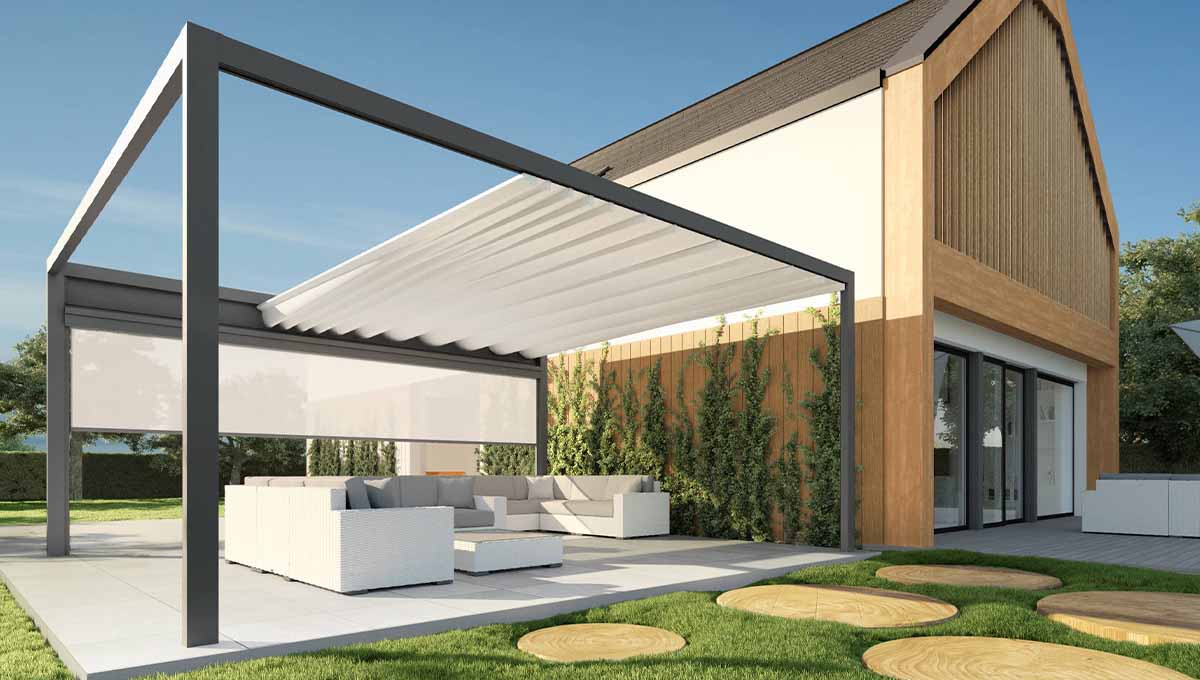 extérieur de maison avec pergola tissu rétractable modèle flat