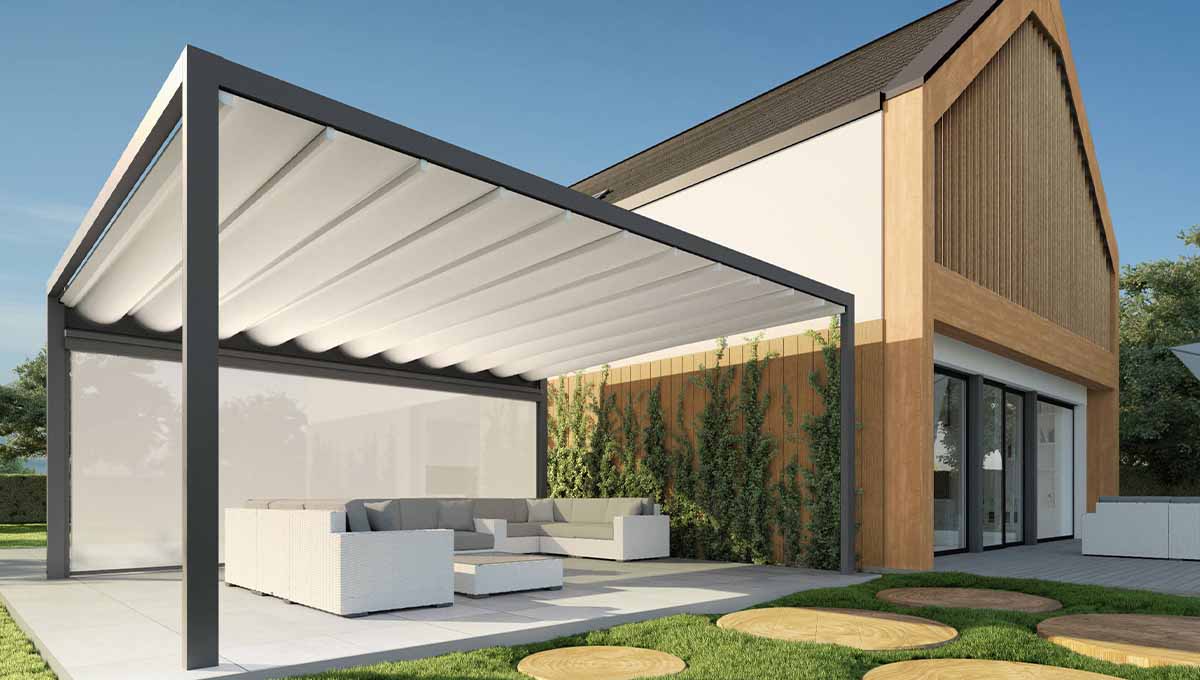 extérieur de maison avec pergola tissu rétractable modèle flat