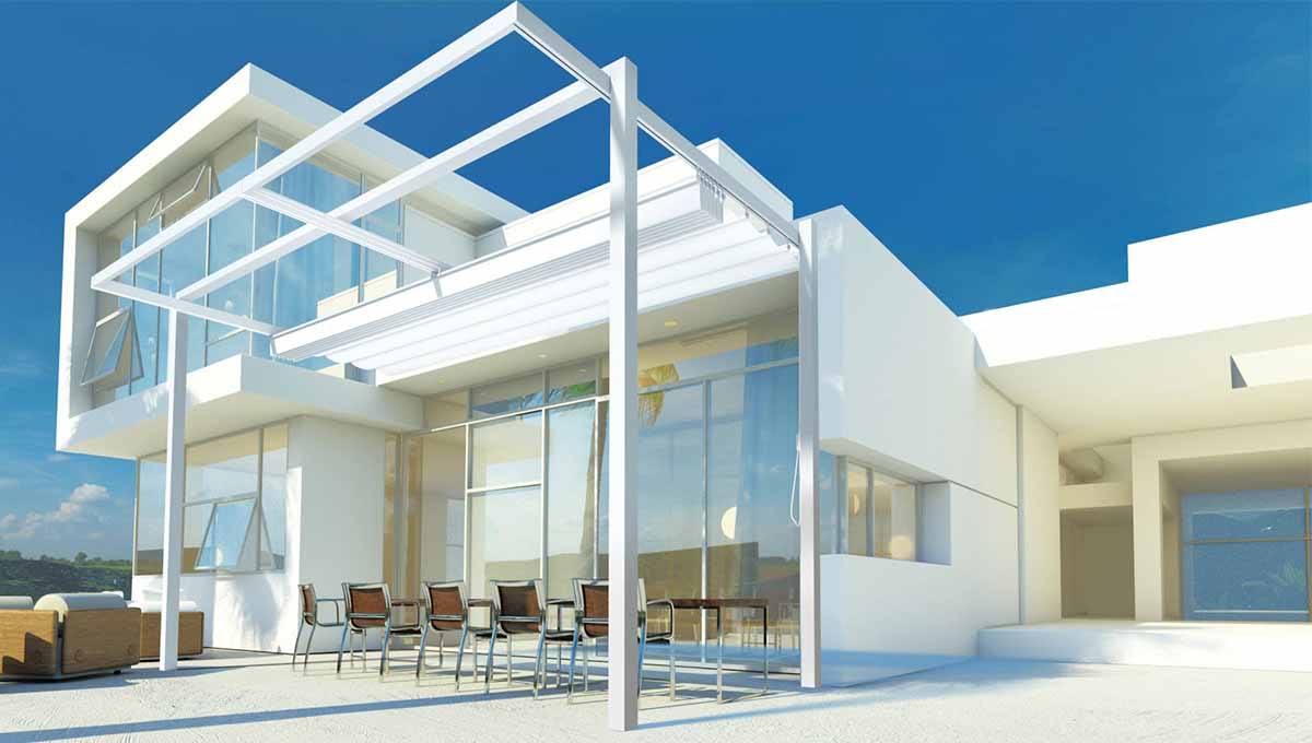 photo pergola autoportante à toile rétractable contre une façade de villa d'architecte avec baie vitrée